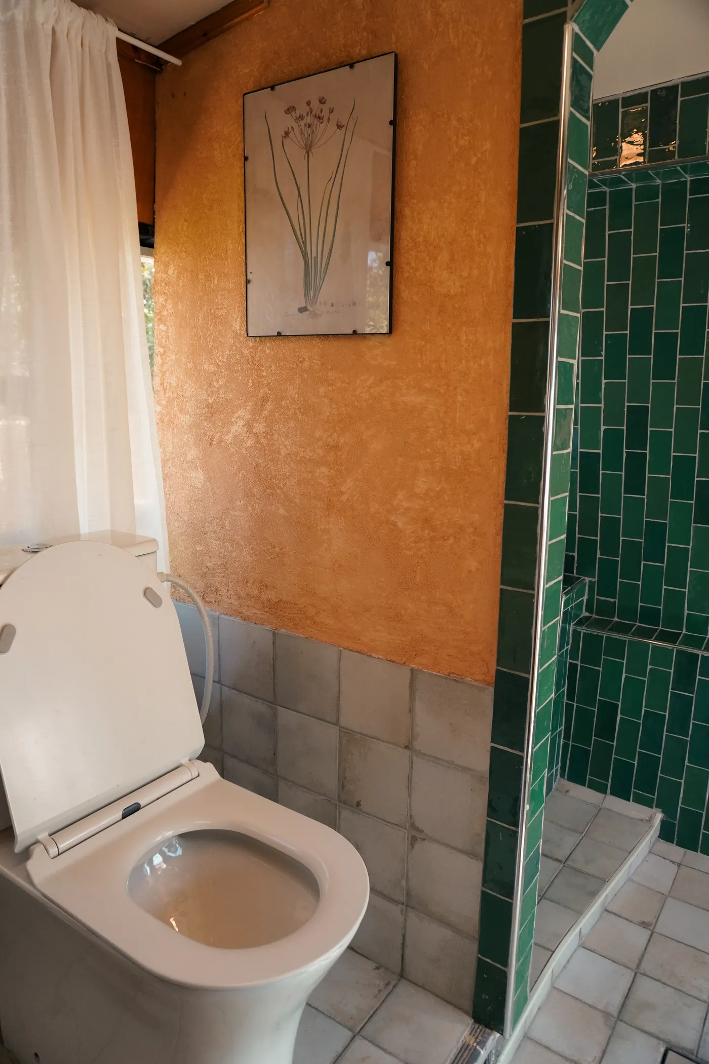 שירותים ומקלחת: קיר בגוון כתום, אריחים ירוקים וציור בוטני ממוסגר